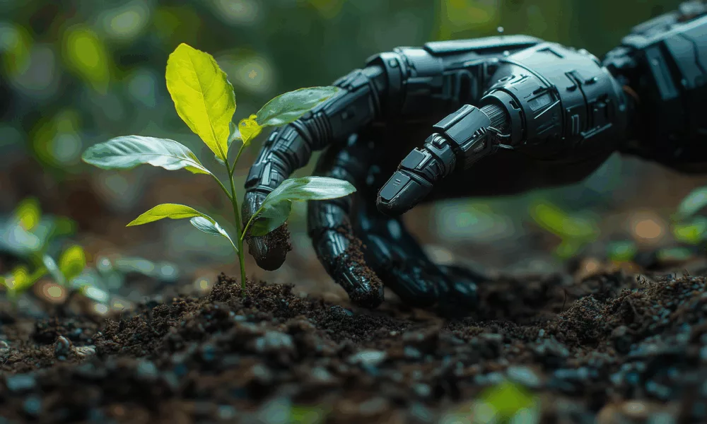 Main robotique cultivant une jeune pousse symbolisant la rencontre entre innovation numérique et durabilité – IJO.tech