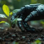 Main robotique cultivant une jeune pousse symbolisant la rencontre entre innovation numérique et durabilité – IJO.tech