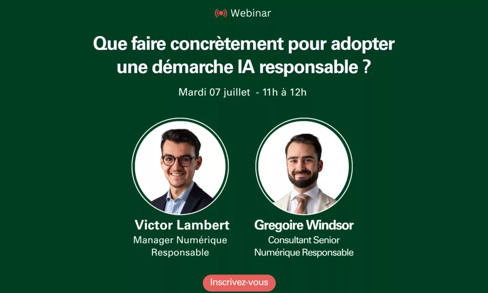 Bannière du webinaire « IA responsable : des solutions pour reprendre la main » consacré aux enjeux, risques et bonnes pratiques de l'intelligence artificielle en entreprise.