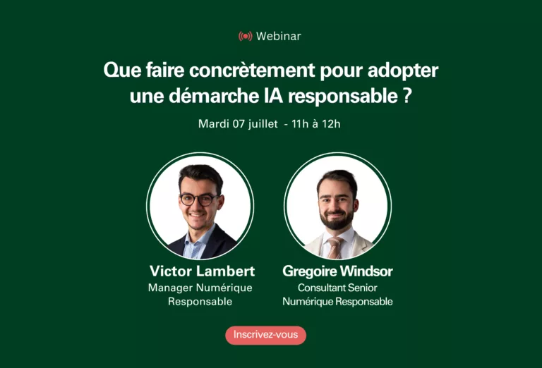 Bannière du webinaire « IA responsable : des solutions pour reprendre la main » consacré aux enjeux, risques et bonnes pratiques de l'intelligence artificielle en entreprise.